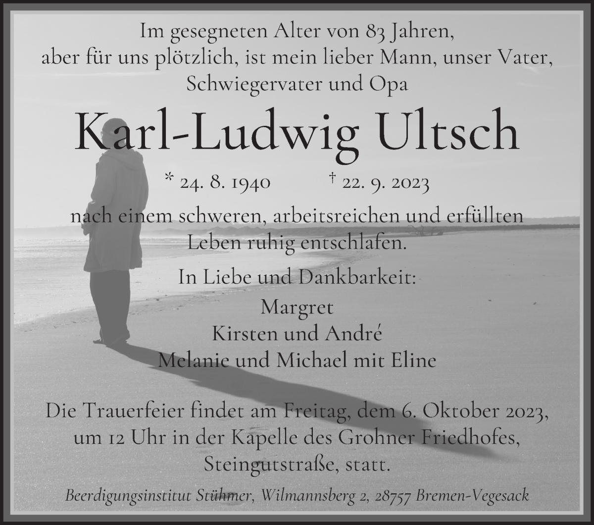 Traueranzeige von Karl-Ludwig Ultsch von Die Norddeutsche