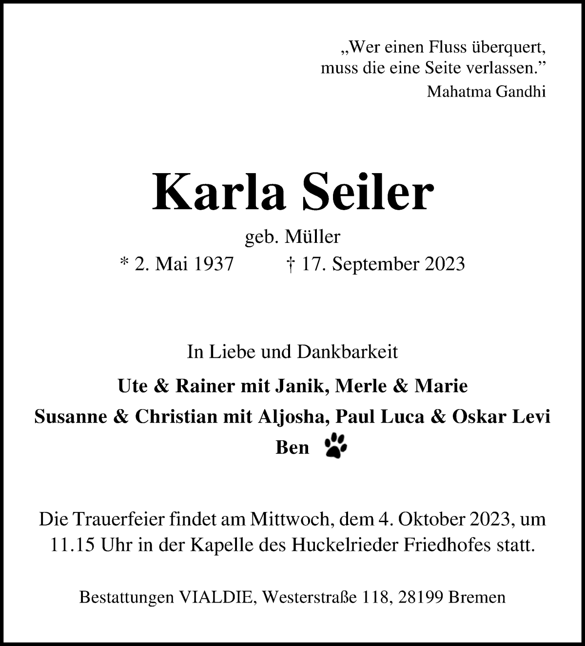 Traueranzeige von Karla Seiler von WESER-KURIER