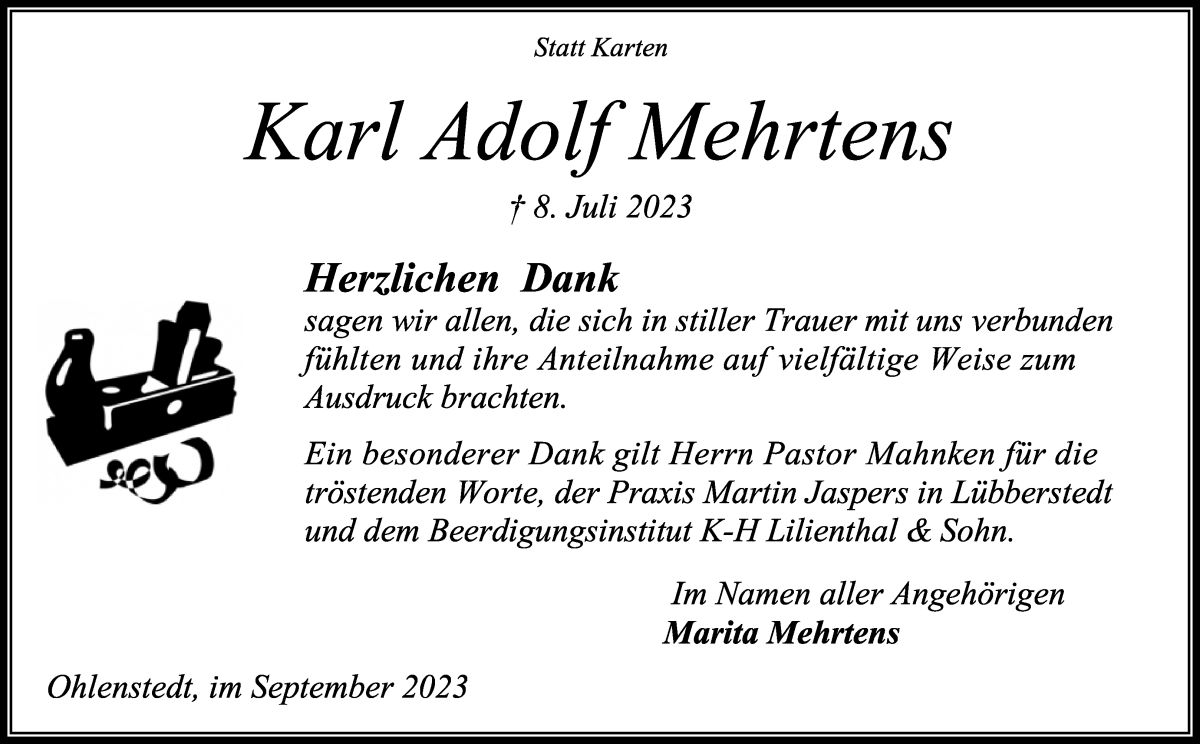Traueranzeige von Karl Adolf Mehrtens von Osterholzer Kreisblatt