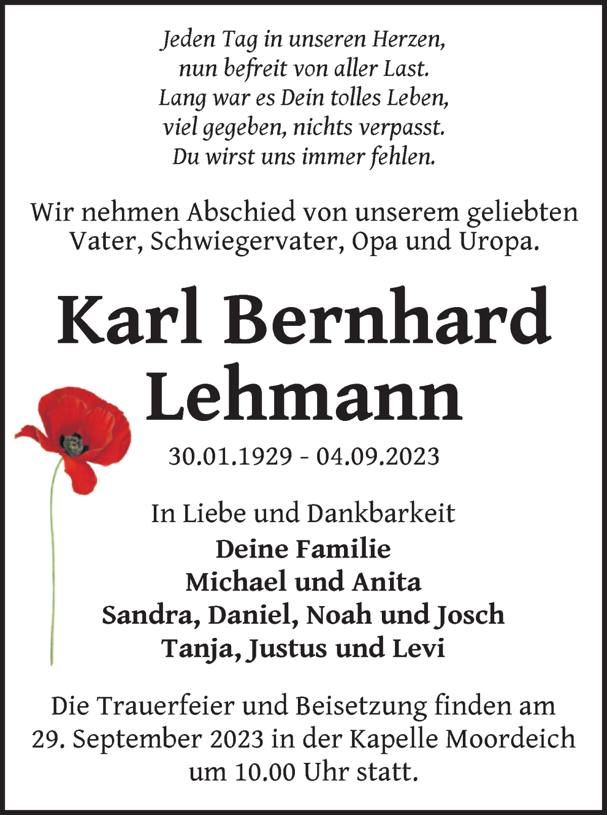 Traueranzeige von Karl Bernhard Lehmann von WESER-KURIER