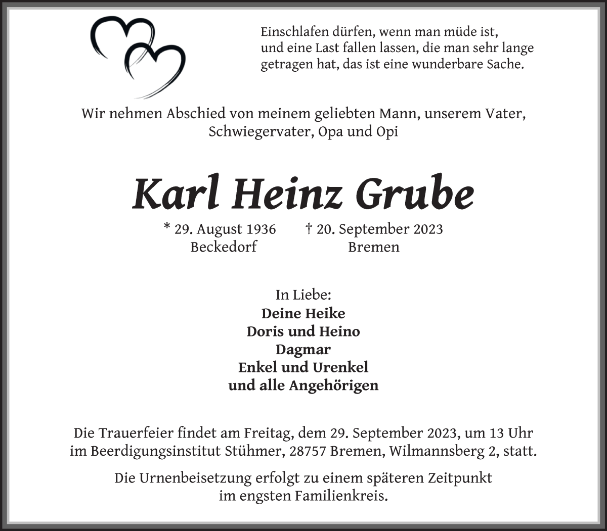 Traueranzeige von Karl Heinz Grube von Die Norddeutsche