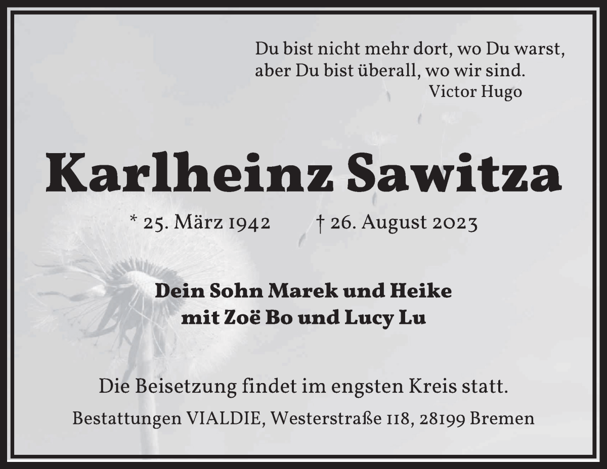 Traueranzeige von Karlheinz Sawitza von WESER-KURIER