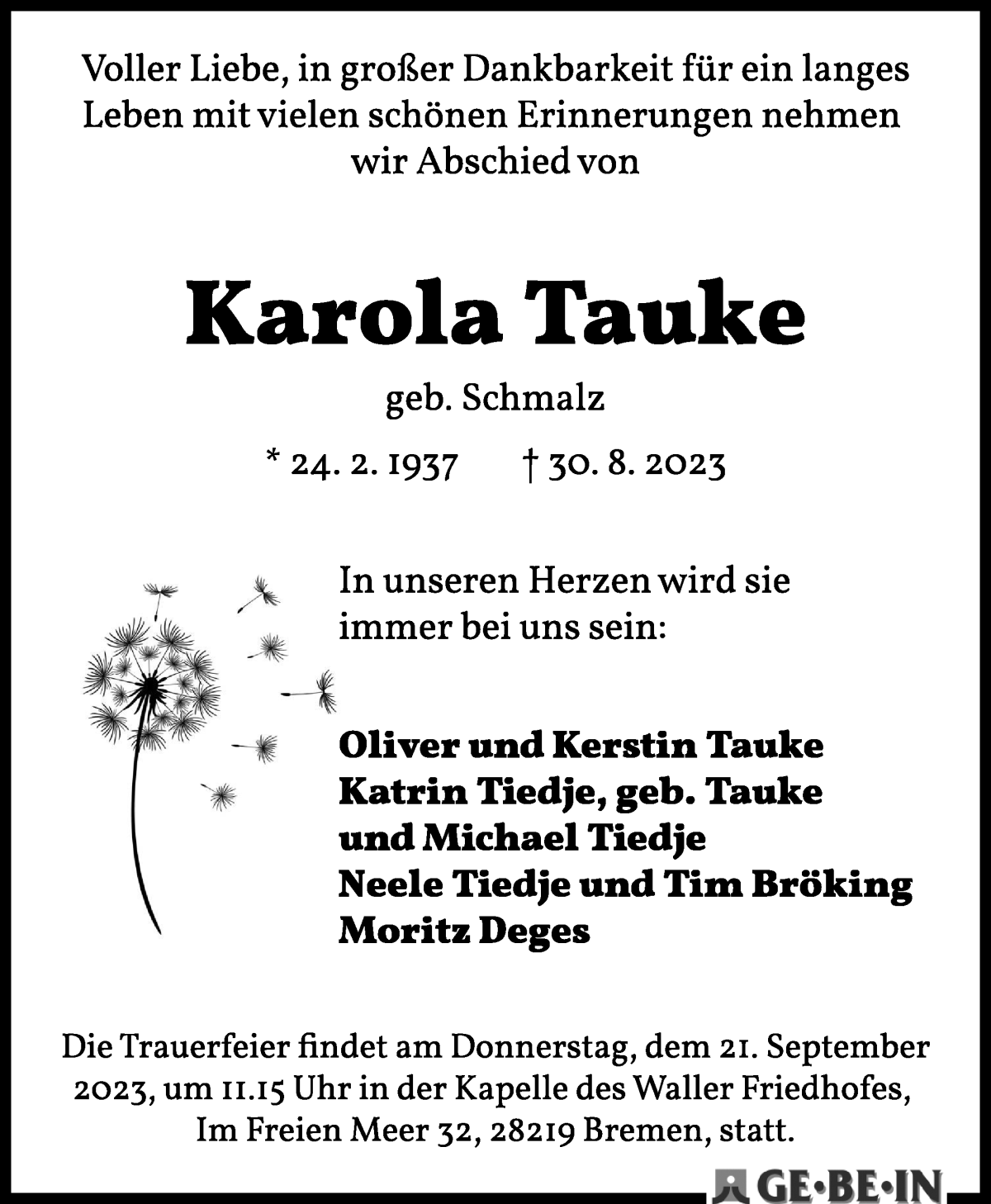 Traueranzeige von Karola Tauke von Die Norddeutsche