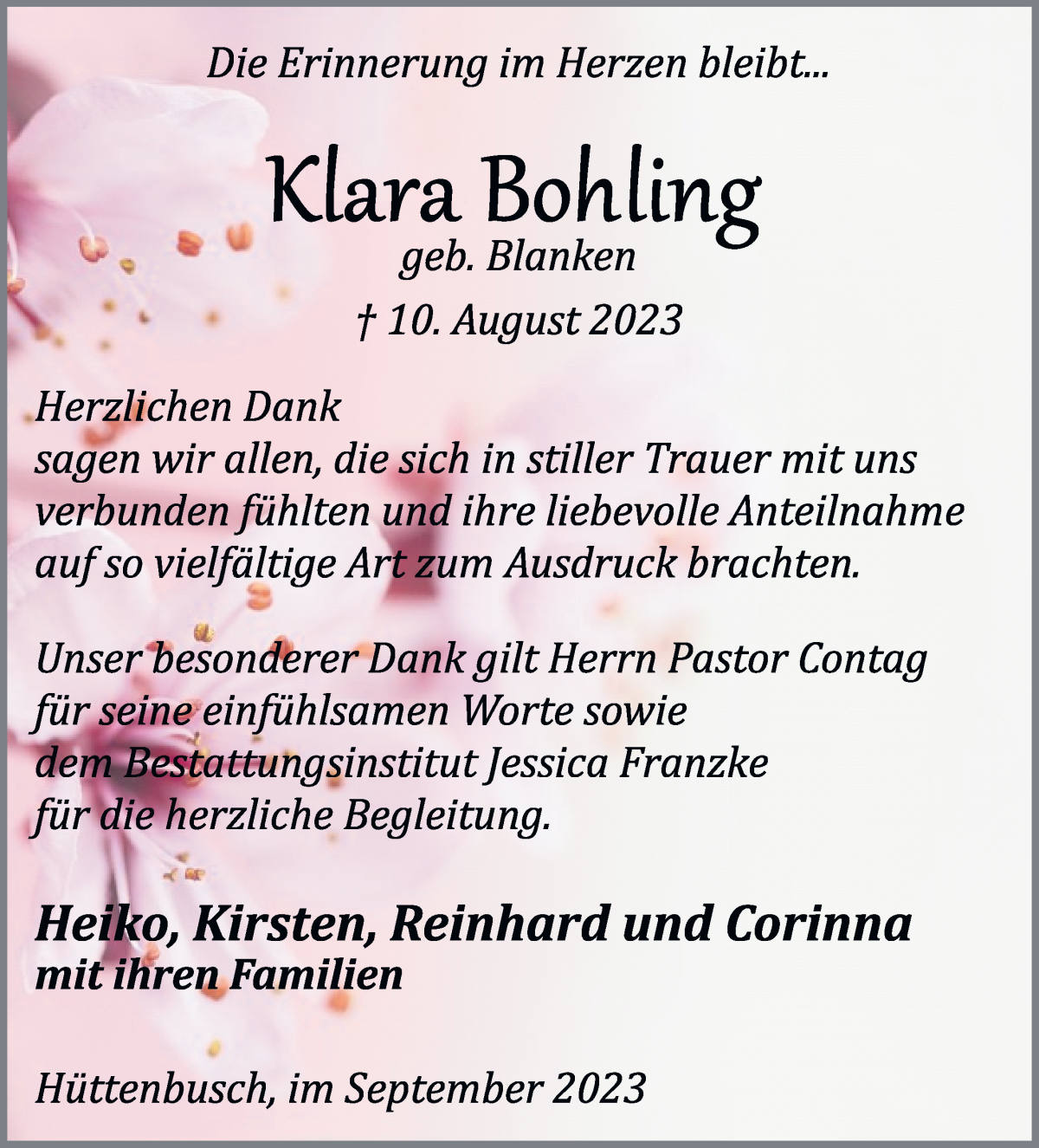 Traueranzeige von Klara Bohling von Wuemme Zeitung