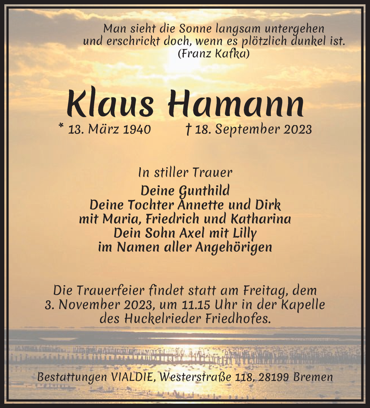 Traueranzeige von Klaus Hamann von WESER-KURIER