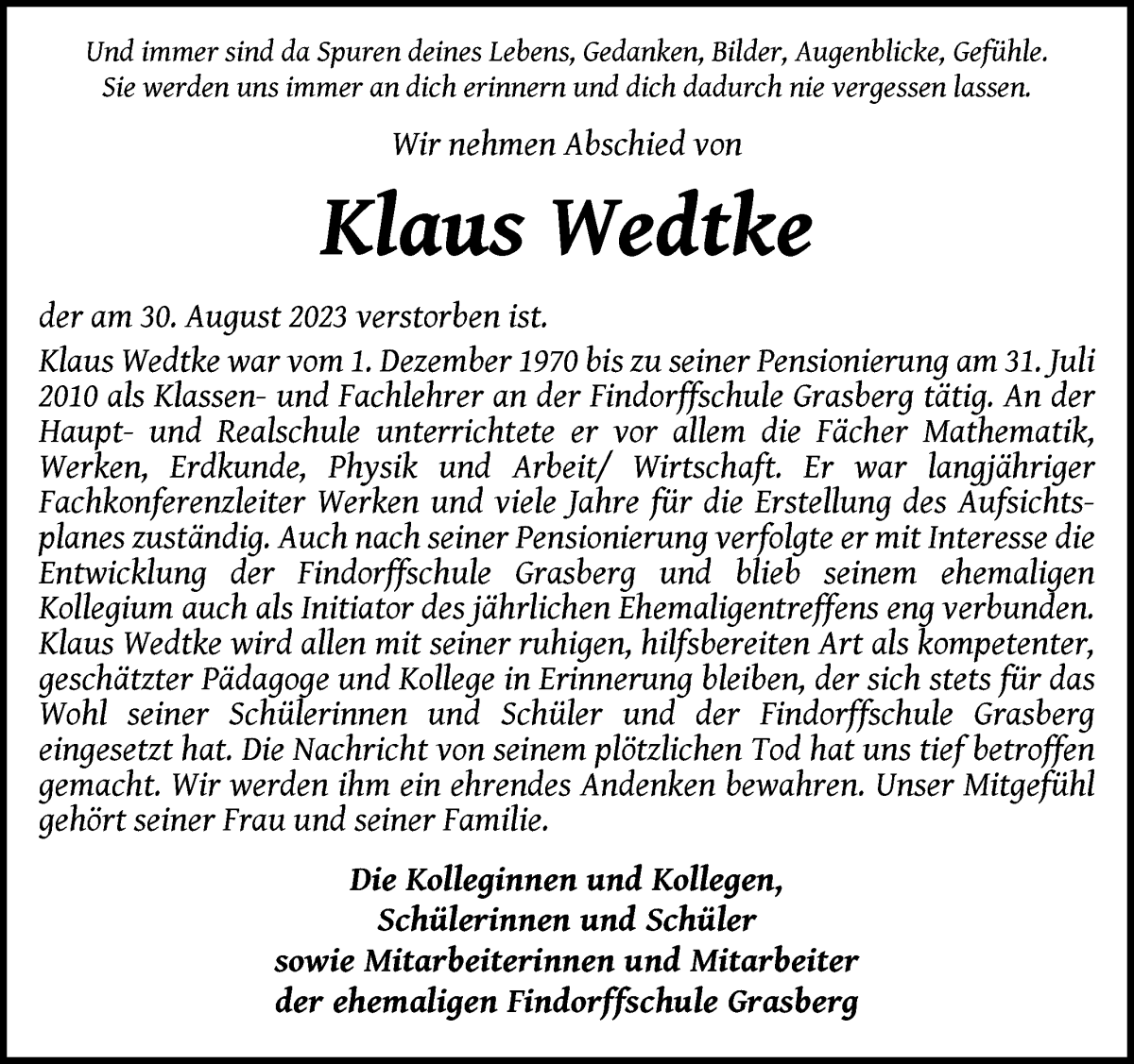 Traueranzeige von Klaus Wedtke von Wuemme Zeitung