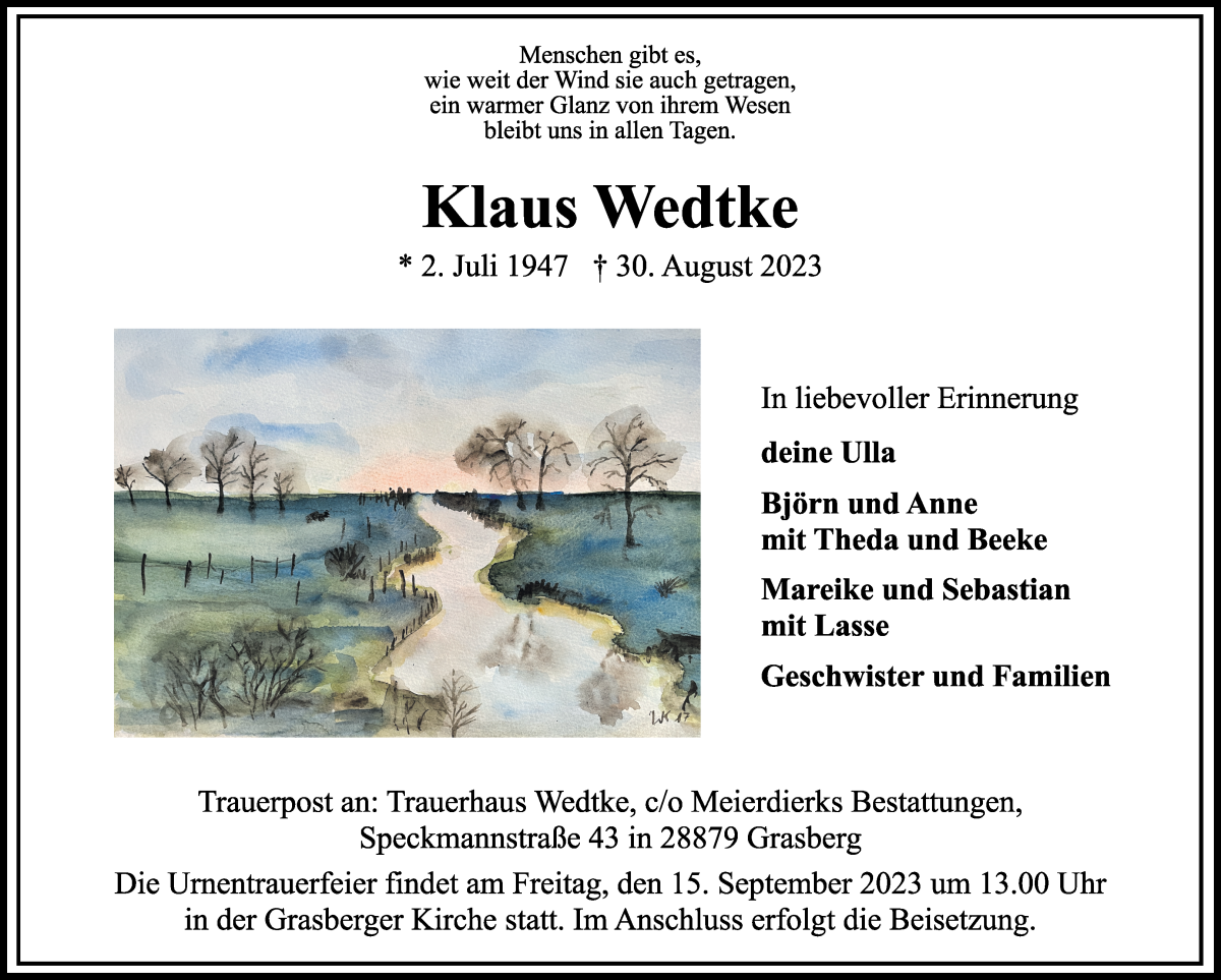 Traueranzeige von Klaus Wedtke von Wuemme Zeitung