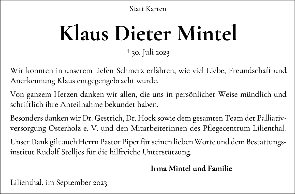 Traueranzeige von Klaus Dieter Mintel von Wuemme Zeitung
