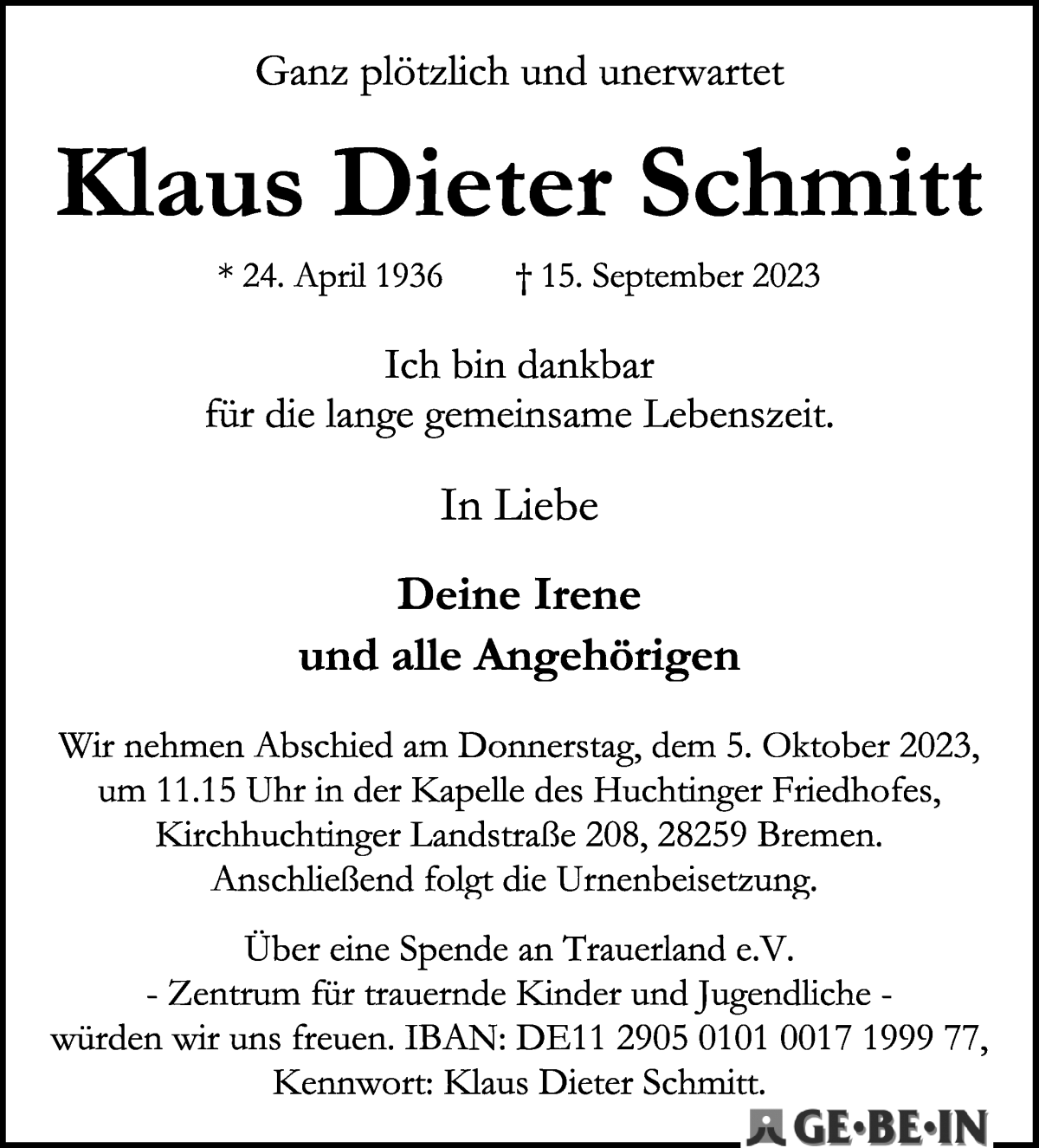 Traueranzeige von Klaus Dieter Schmitt von WESER-KURIER