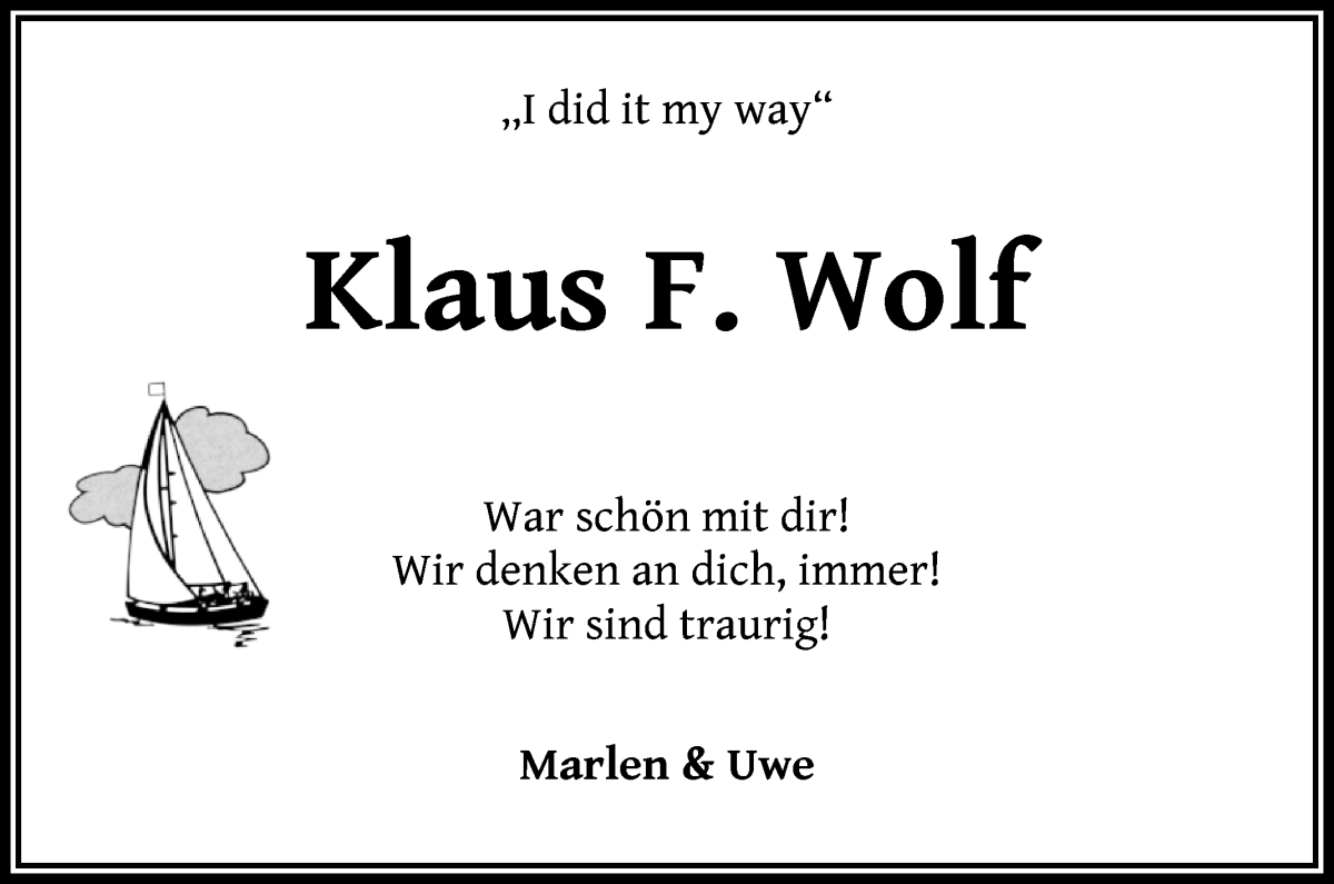 Traueranzeige von Klaus F. Wolf von WESER-KURIER