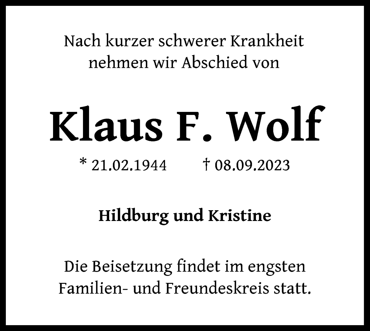 Traueranzeige von Klaus F. Wolf von WESER-KURIER