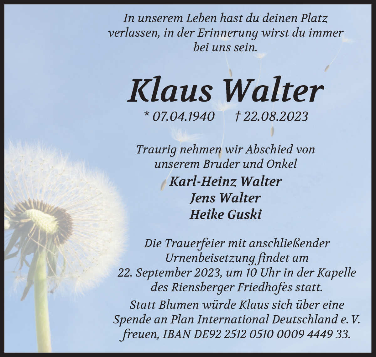 Traueranzeige von Klaus Rudolf Walter von WESER-KURIER