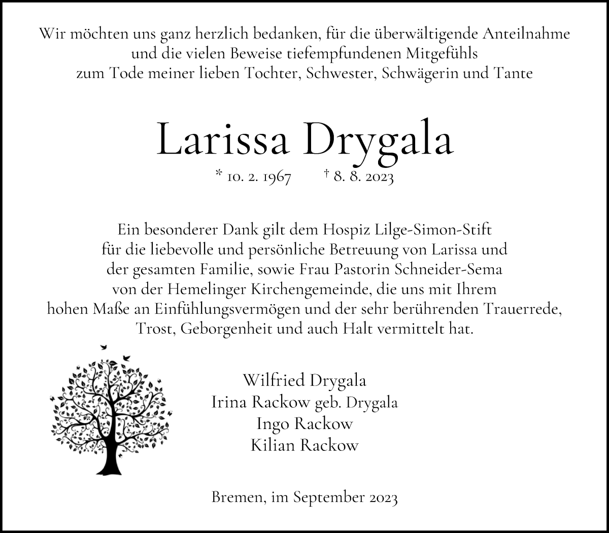 Traueranzeige von Larissa Drygala von WESER-KURIER