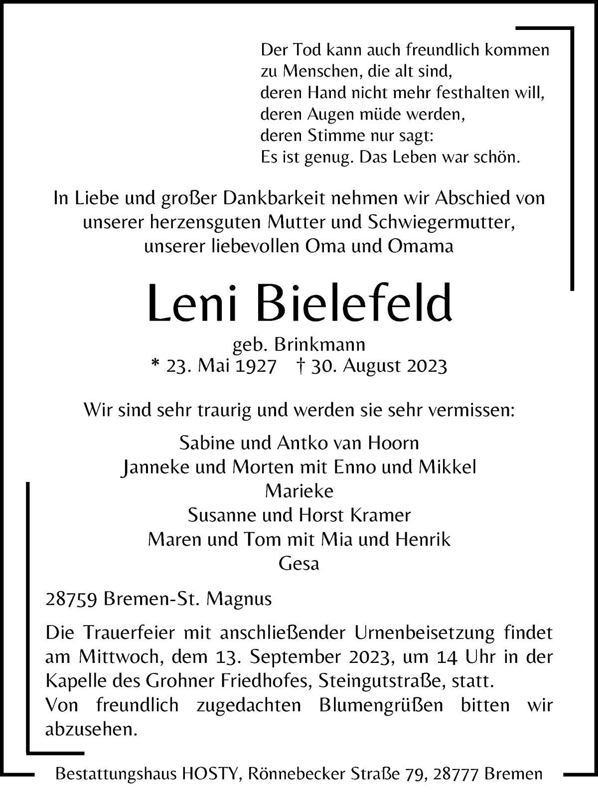 Traueranzeige von Leni Bielefeld von Die Norddeutsche