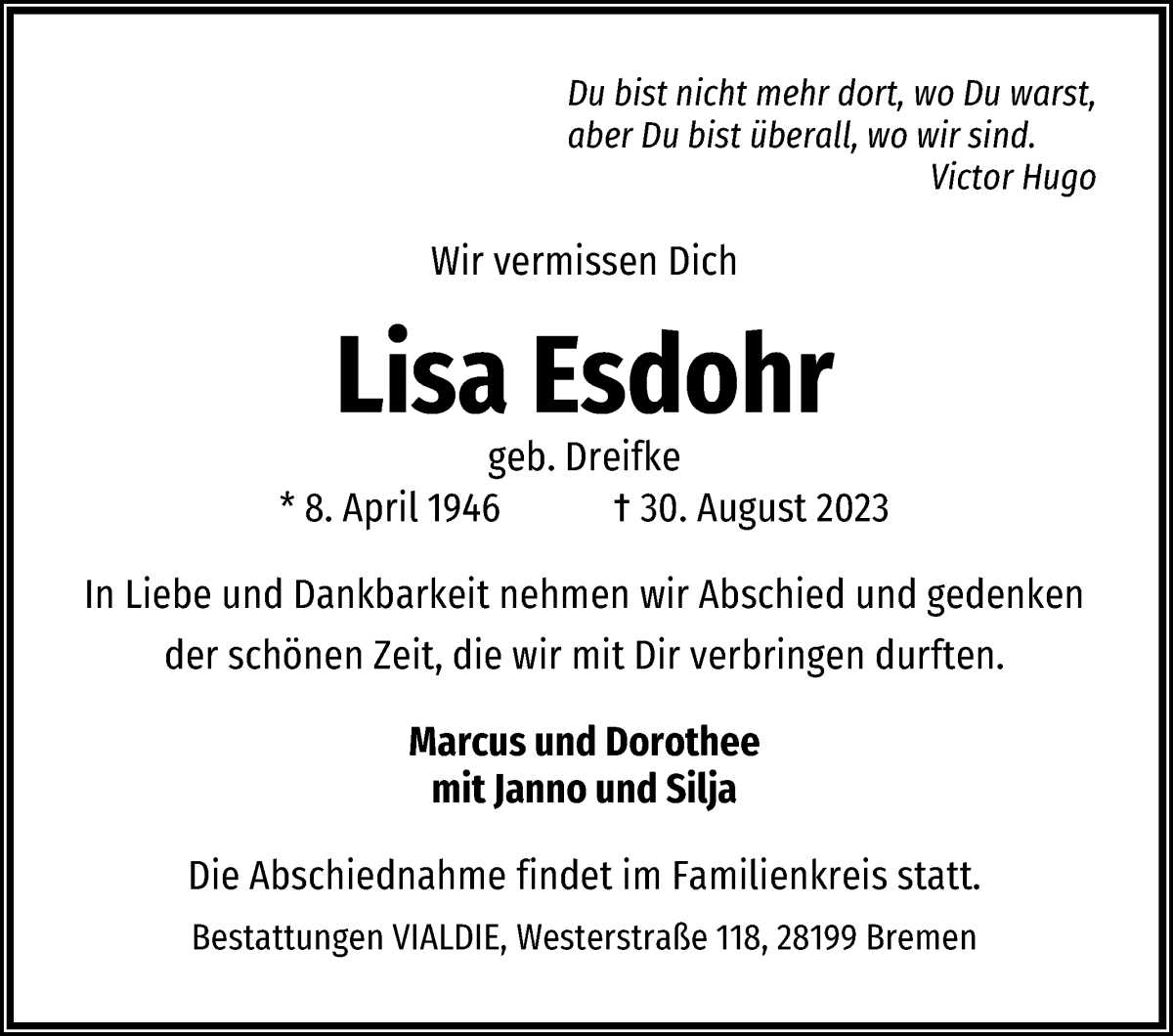 Traueranzeige von Lisa Esdohr von WESER-KURIER