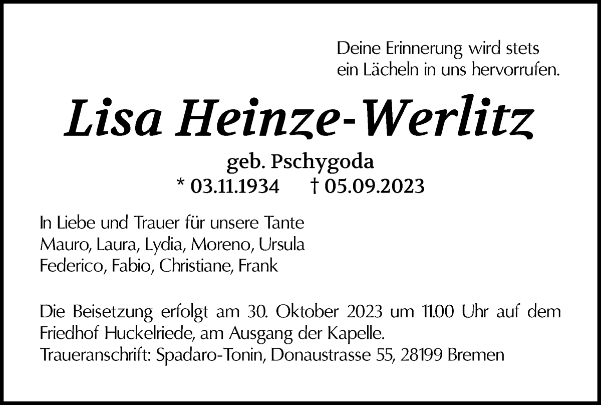 Traueranzeige von Lisa Heinze-Werlitz von WESER-KURIER