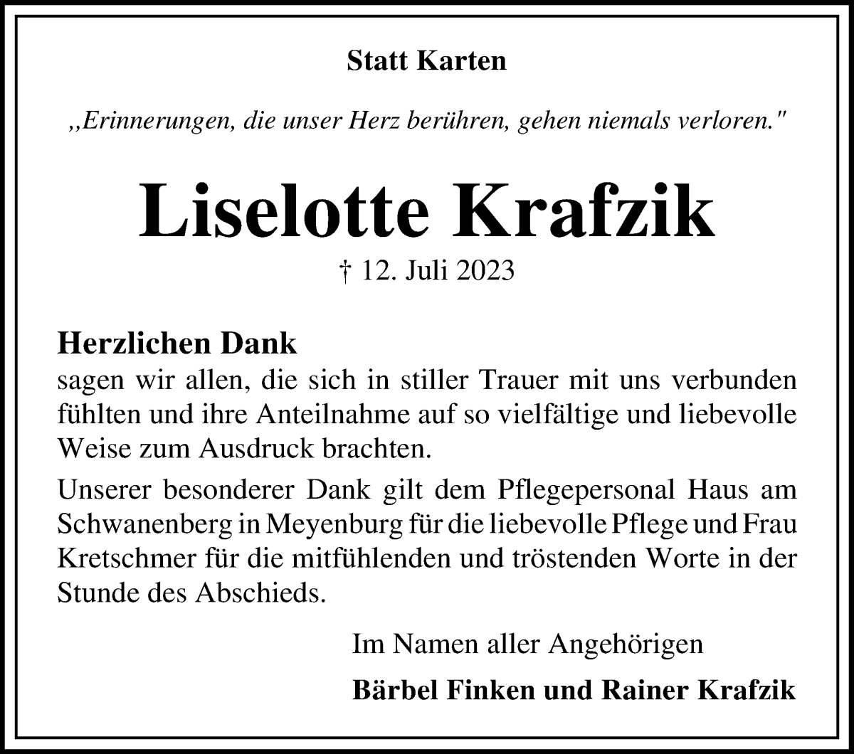 Traueranzeige von Liselotte Krafzik von Die Norddeutsche
