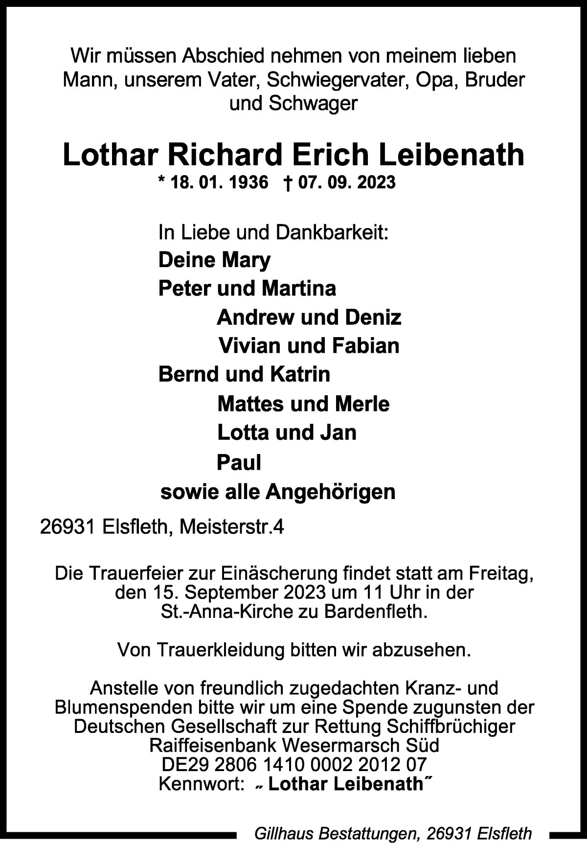Traueranzeige von Lothar Richard Erich Leibenath von WESER-KURIER