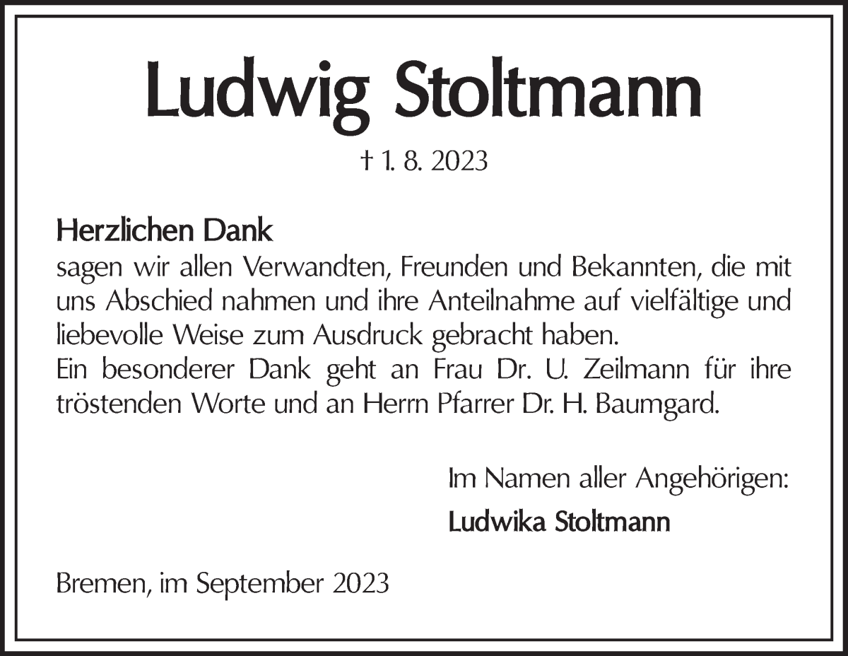 Traueranzeige von Ludwig Stoltmann von Die Norddeutsche