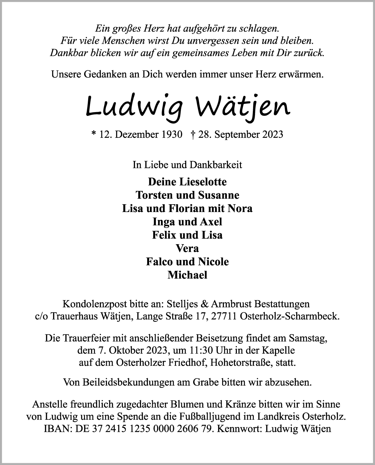 Traueranzeige von Ludwig Wätjen von Osterholzer Kreisblatt