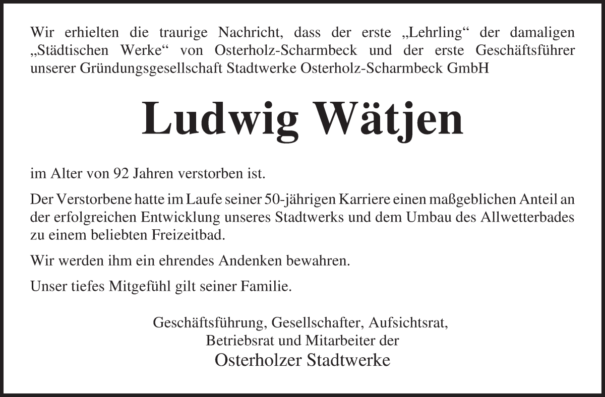 Traueranzeige von Ludwig Wätjen von Osterholzer Kreisblatt