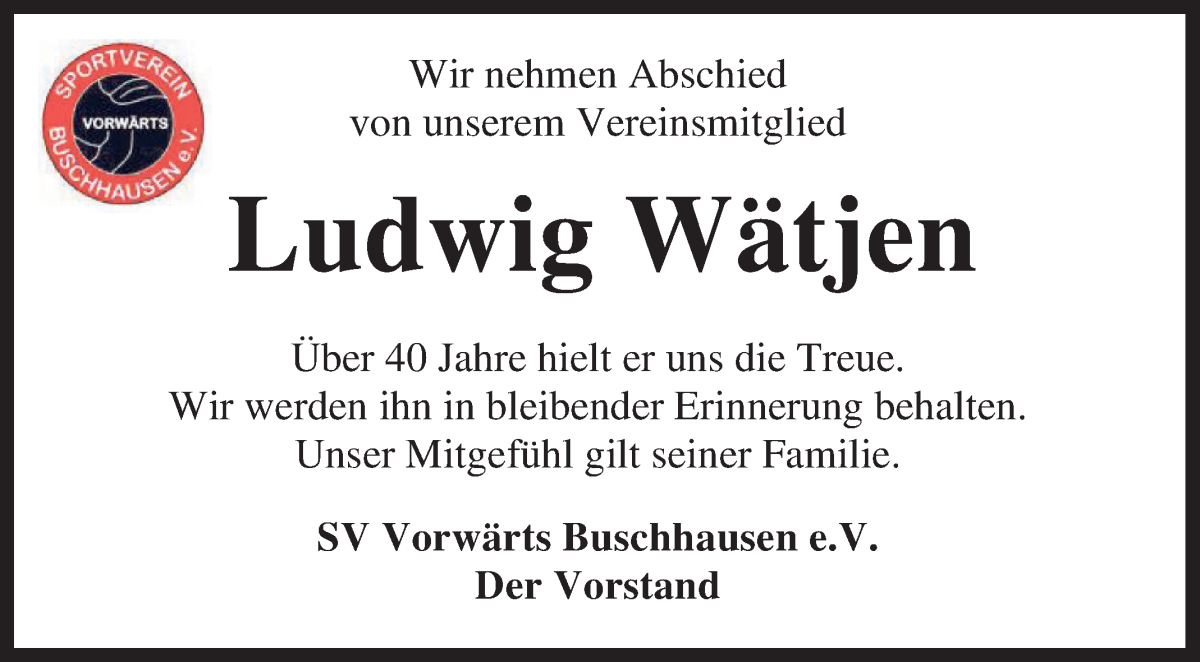 Traueranzeige von Ludwig Wätjen von Osterholzer Kreisblatt