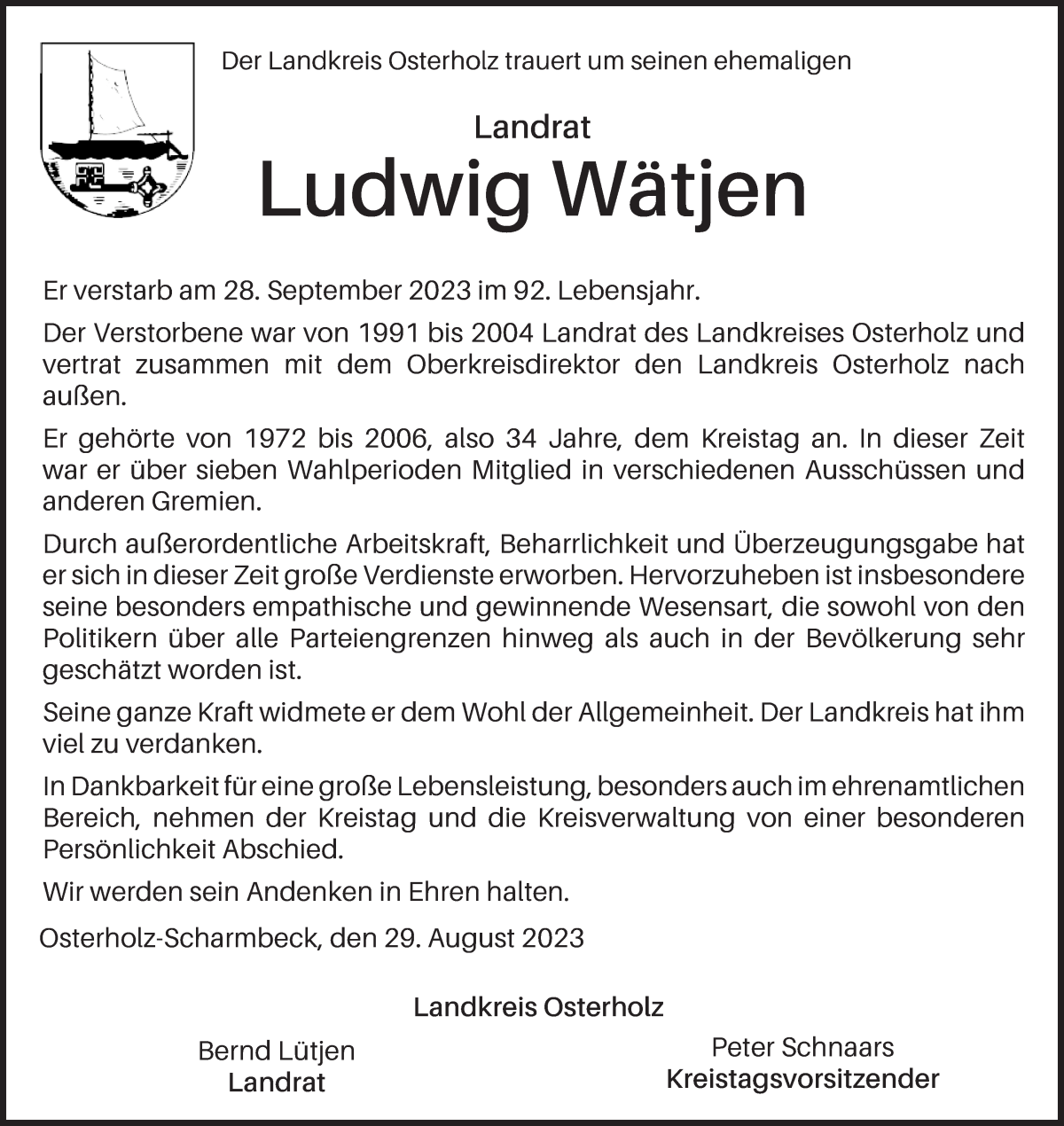 Traueranzeige von Ludwig Wätjen von Wuemme Zeitung