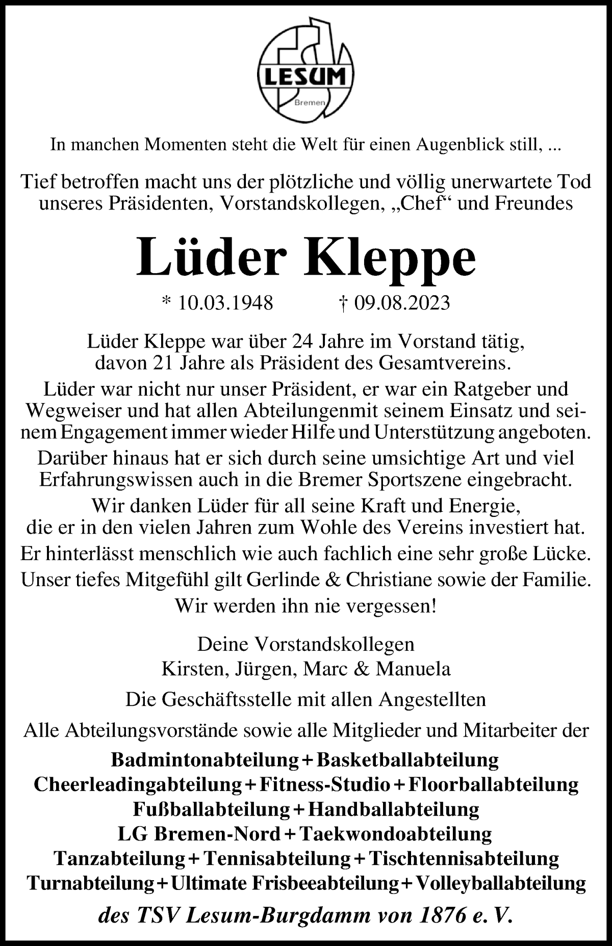 Traueranzeige von Lüder Kleppe von WESER-KURIER