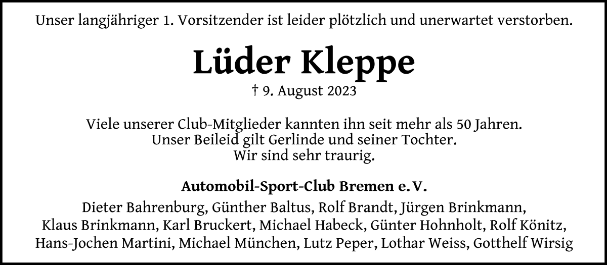 Traueranzeige von Lüder Kleppe von WESER-KURIER