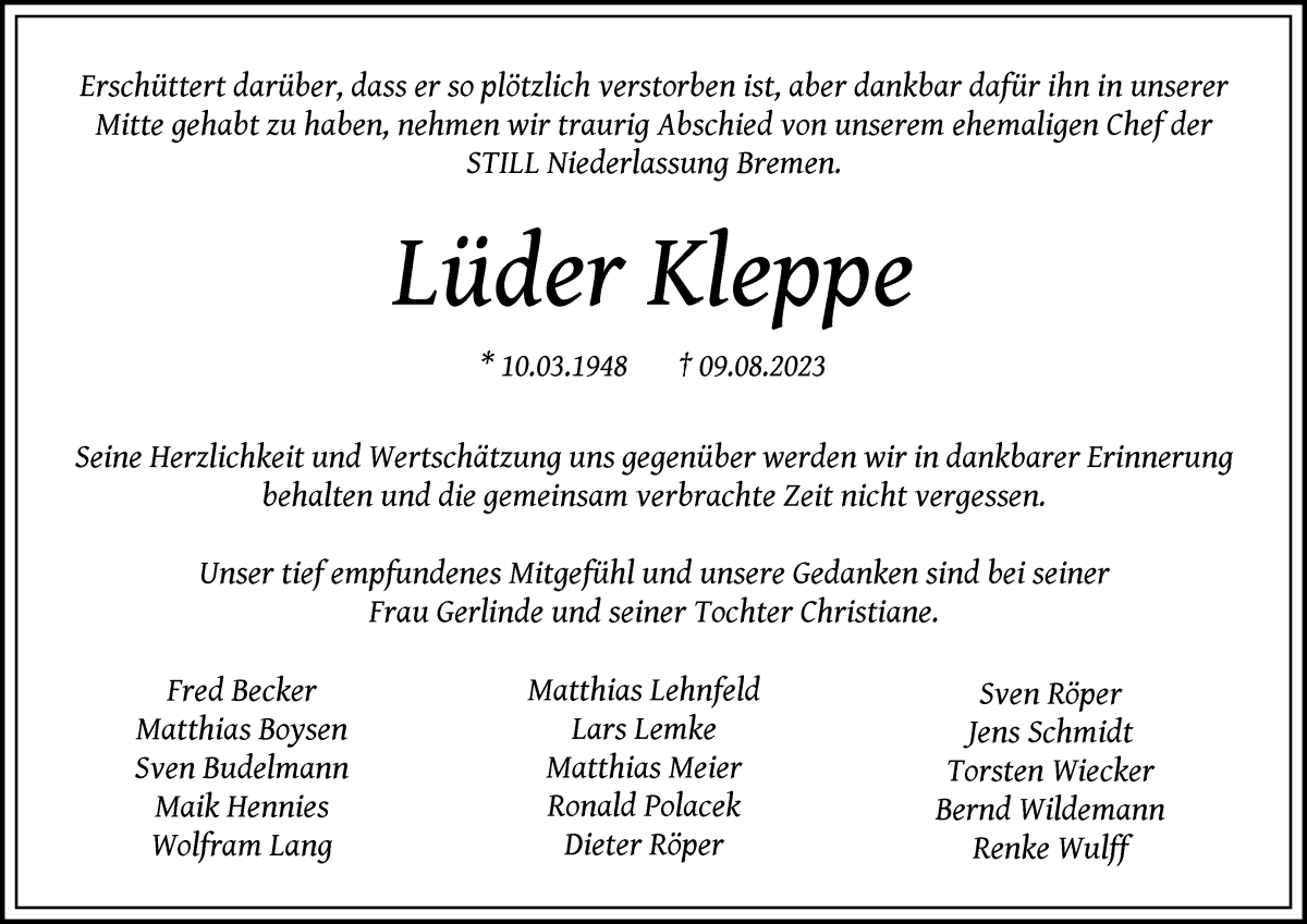 Traueranzeige von Lüder Kleppe von WESER-KURIER