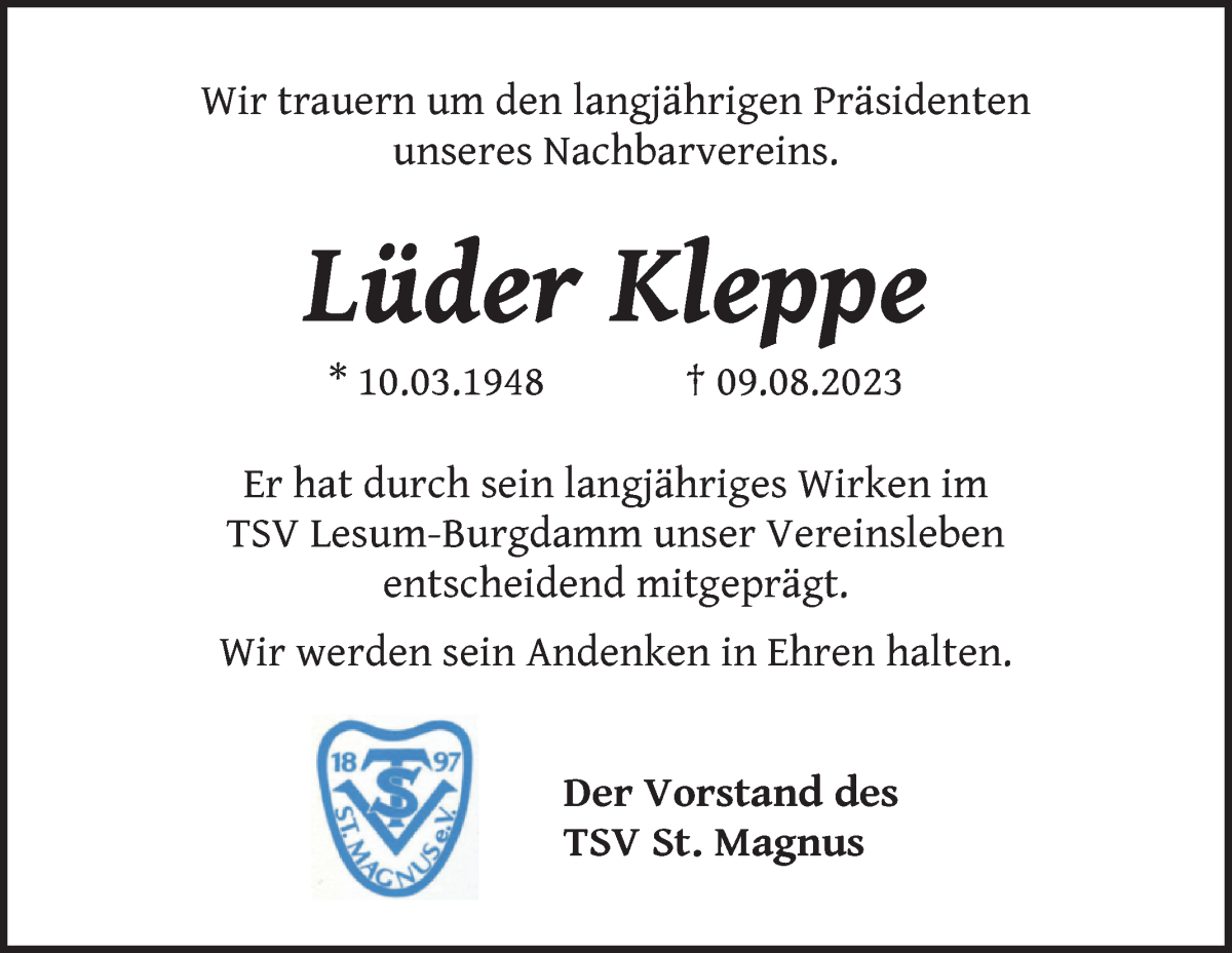 Traueranzeige von Lüder Kleppe von Die Norddeutsche