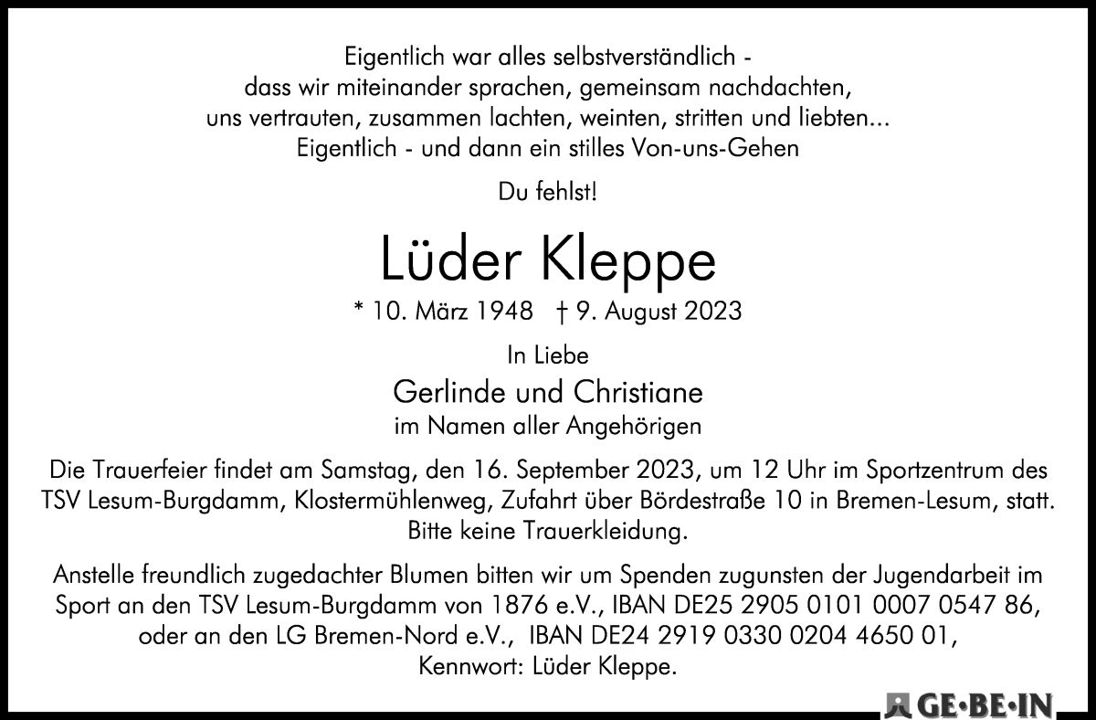 Traueranzeige von Lüder Kleppe von WESER-KURIER