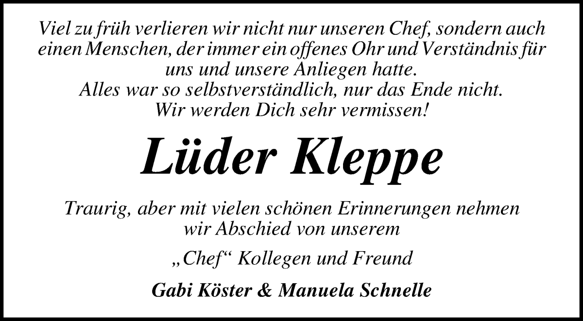 Traueranzeige von Lüder Kleppe von Die Norddeutsche