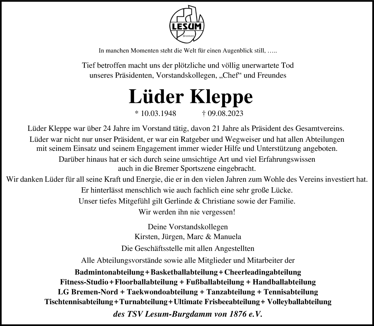 Traueranzeige von Lüder Kleppe von Die Norddeutsche