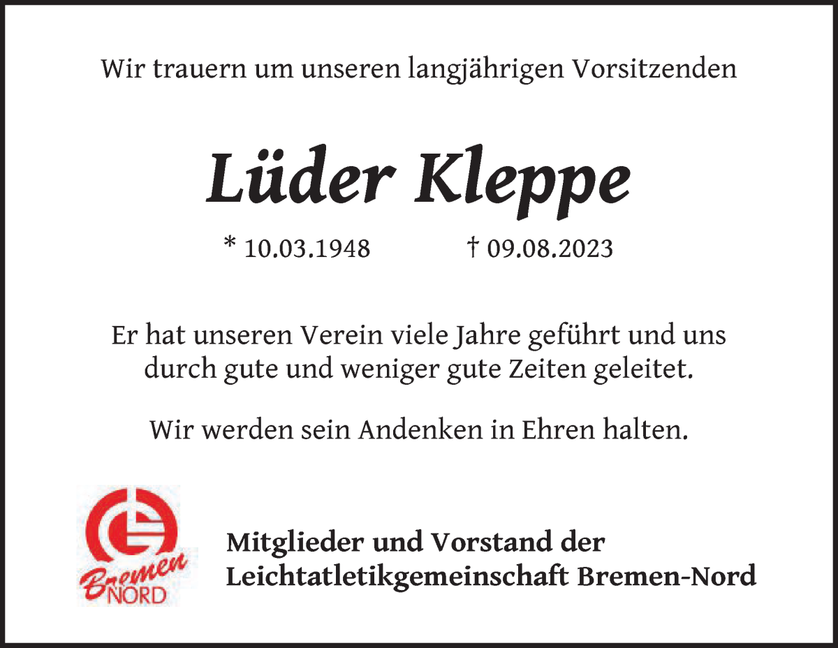 Traueranzeige von Lüder Kleppe von Die Norddeutsche