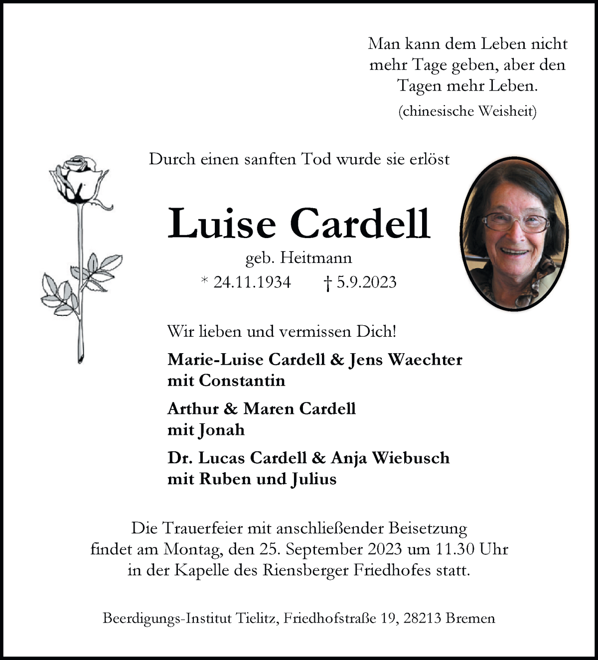 Traueranzeige von Luise Cardell von WESER-KURIER