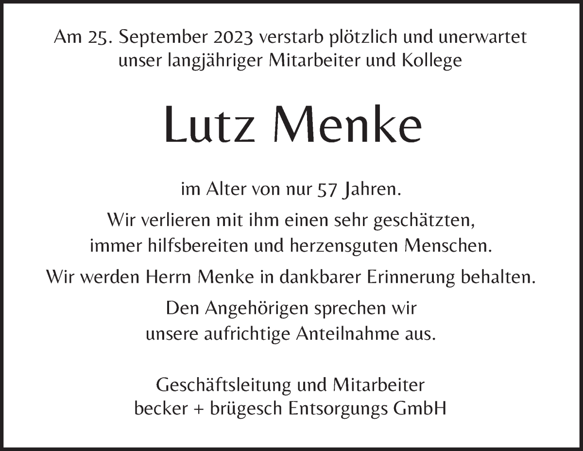 Traueranzeige von Lutz Menke von WESER-KURIER