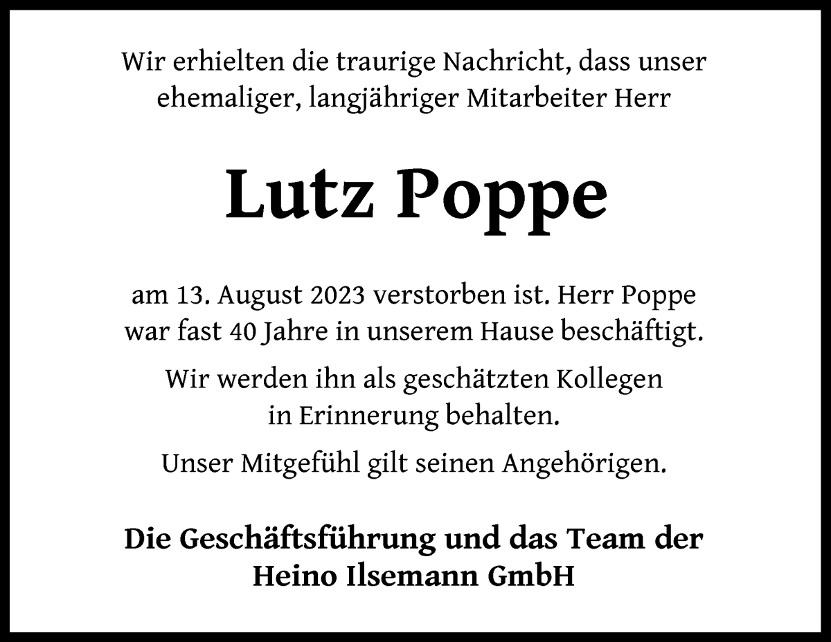 Traueranzeige von Lutz Poppe von WESER-KURIER