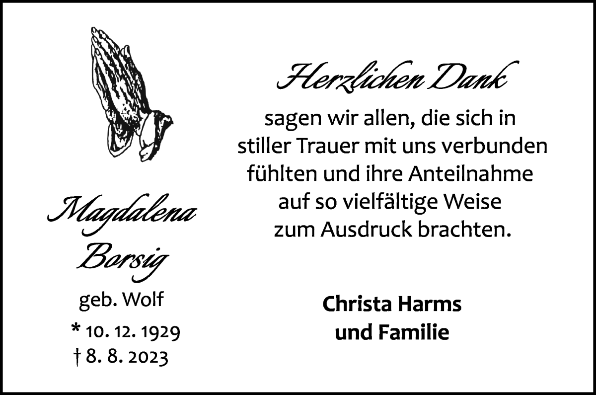 Traueranzeige von Magdalena Borsig von Die Norddeutsche