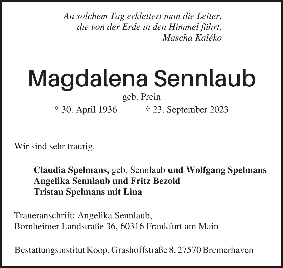 Traueranzeige von Magdalena Sennlaub von Osterholzer Kreisblatt