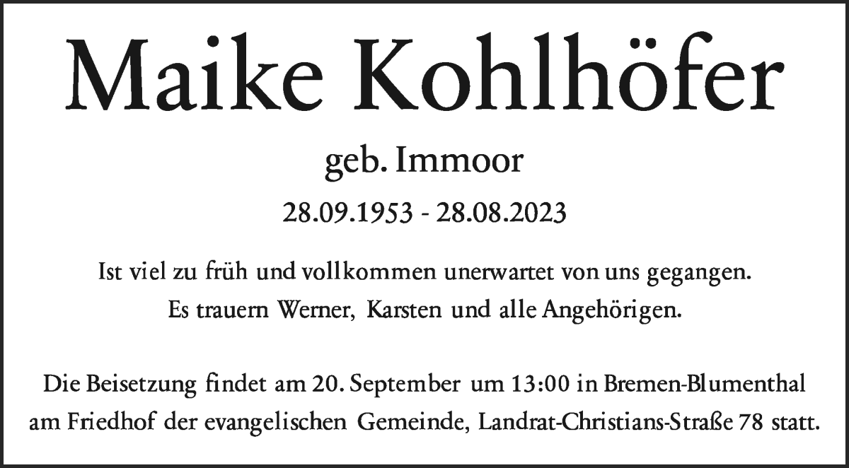 Traueranzeige von Maike Kohlhöfer von WESER-KURIER