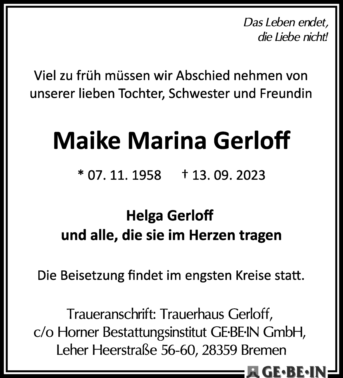 Traueranzeige von Maike Marina Gerloff von WESER-KURIER
