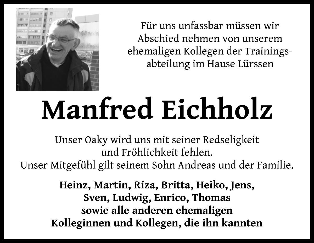 Traueranzeige von Manfred Eichholz von Die Norddeutsche