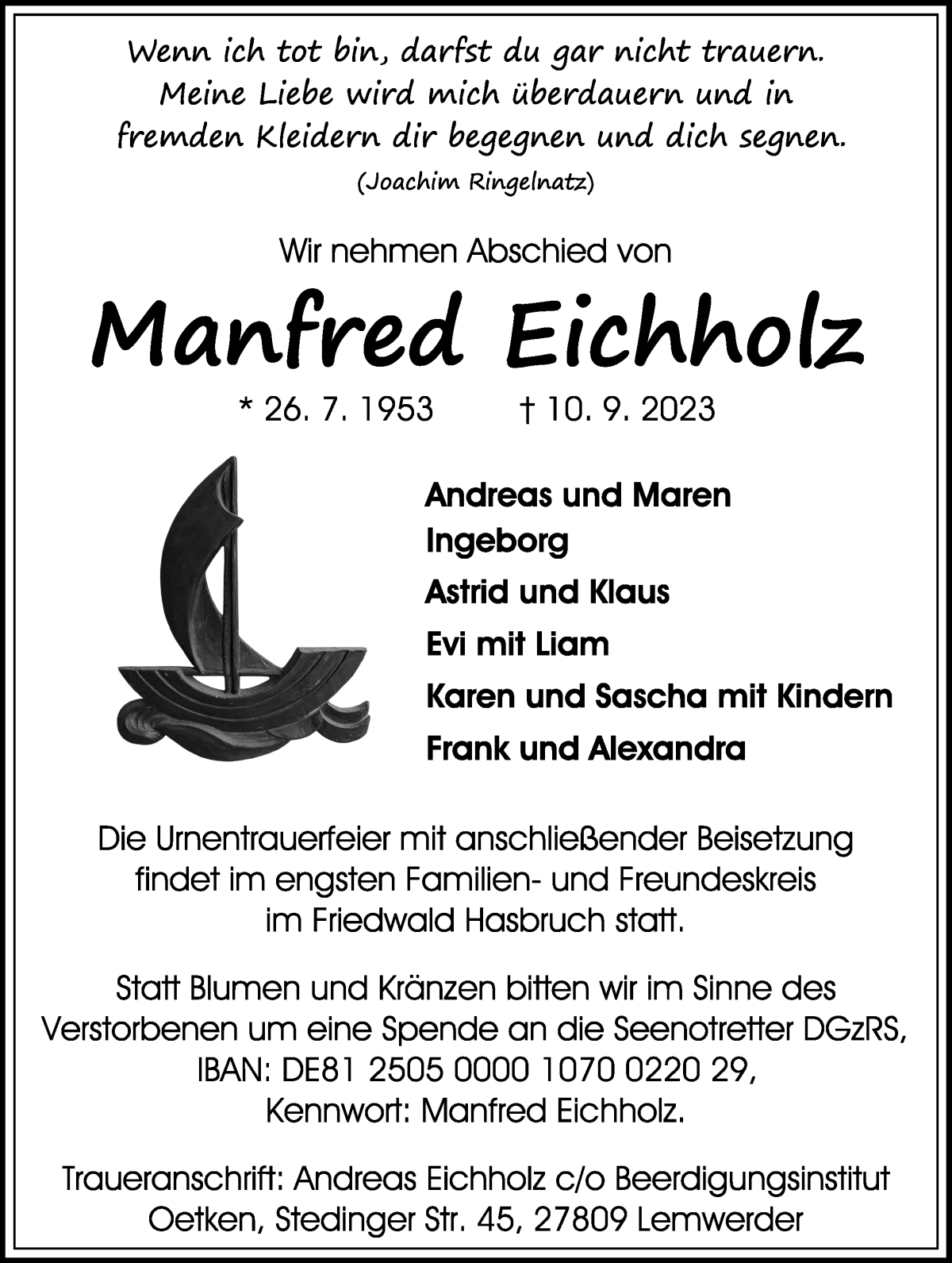 Traueranzeige von Manfred Eichholz von Die Norddeutsche