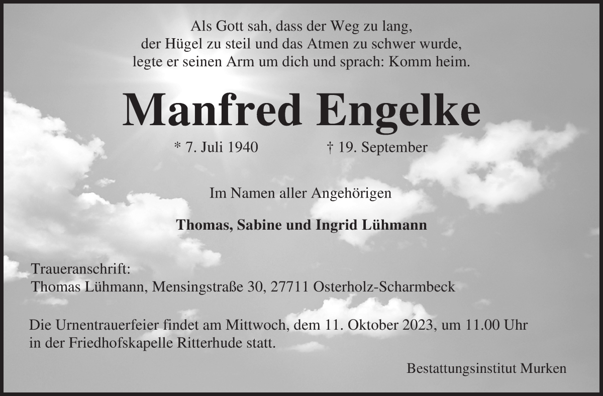 Traueranzeige von Manfred Engelke von Osterholzer Kreisblatt