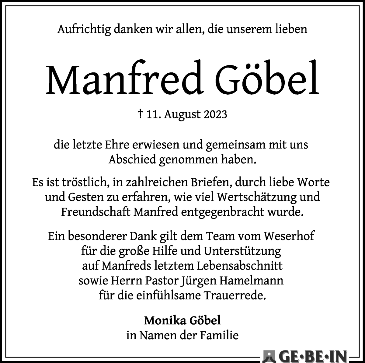 Traueranzeige von Manfred Göbel von WESER-KURIER
