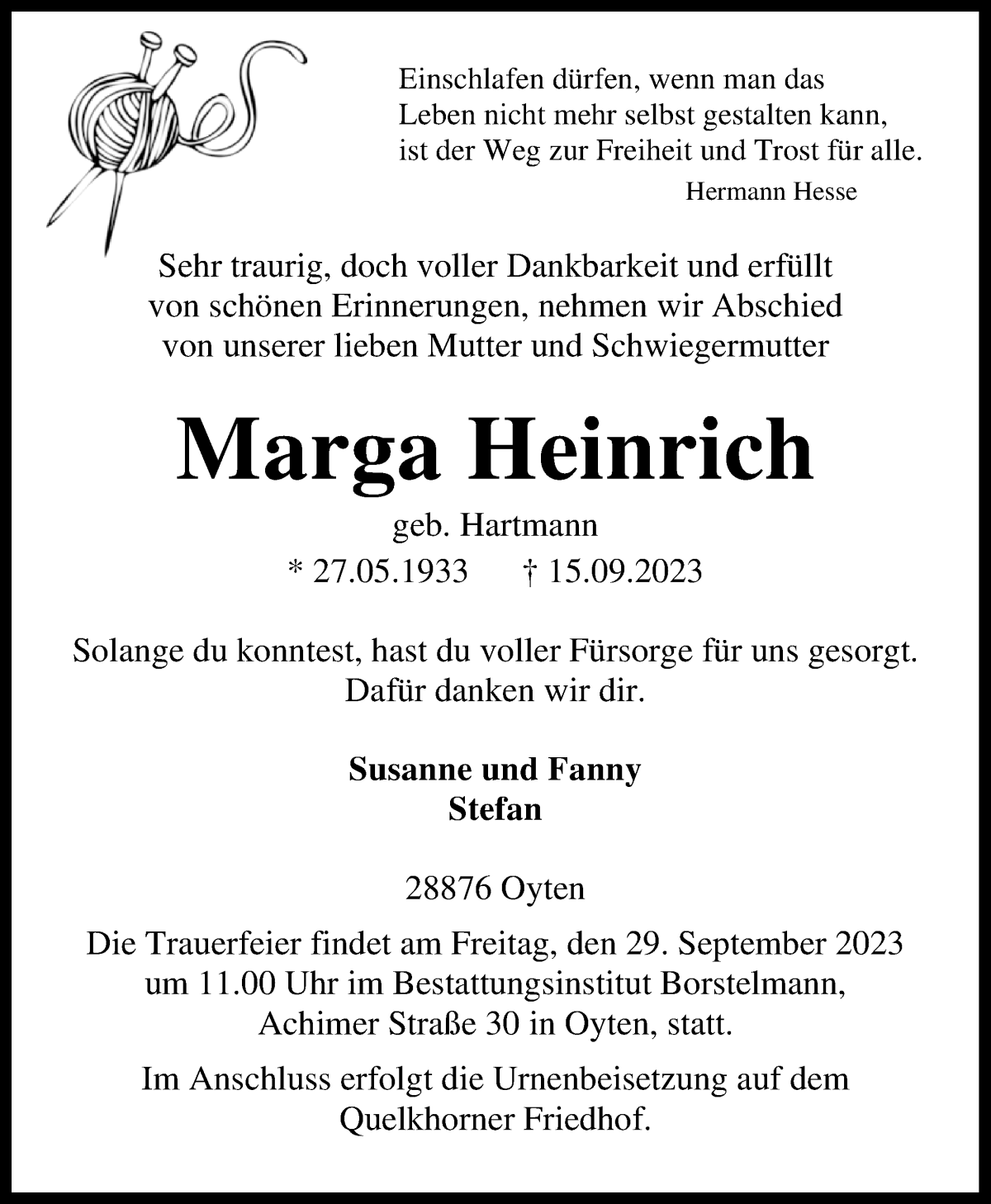 Traueranzeige von Marga Heinrich von WESER-KURIER