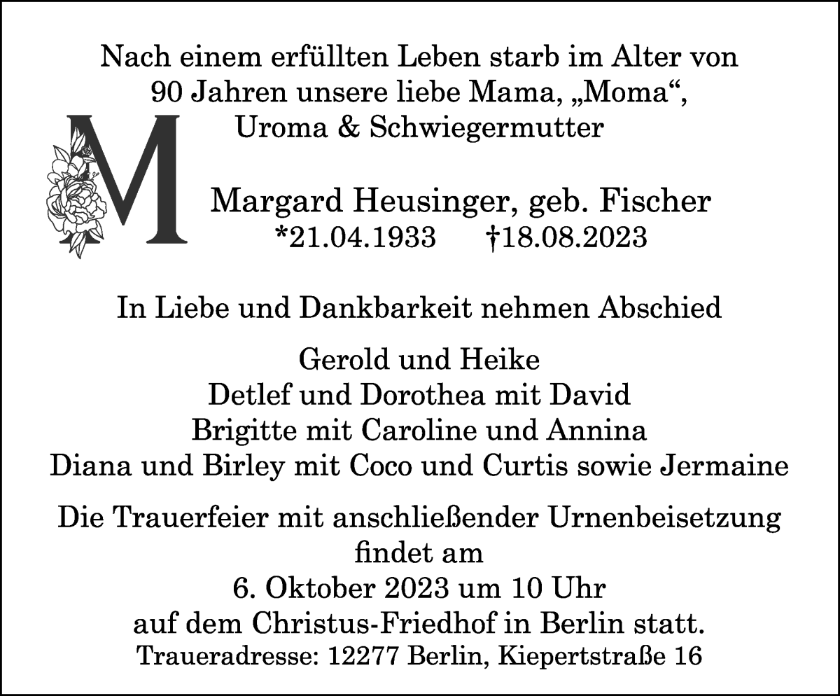 Traueranzeige von Margard Heusinger von WESER-KURIER