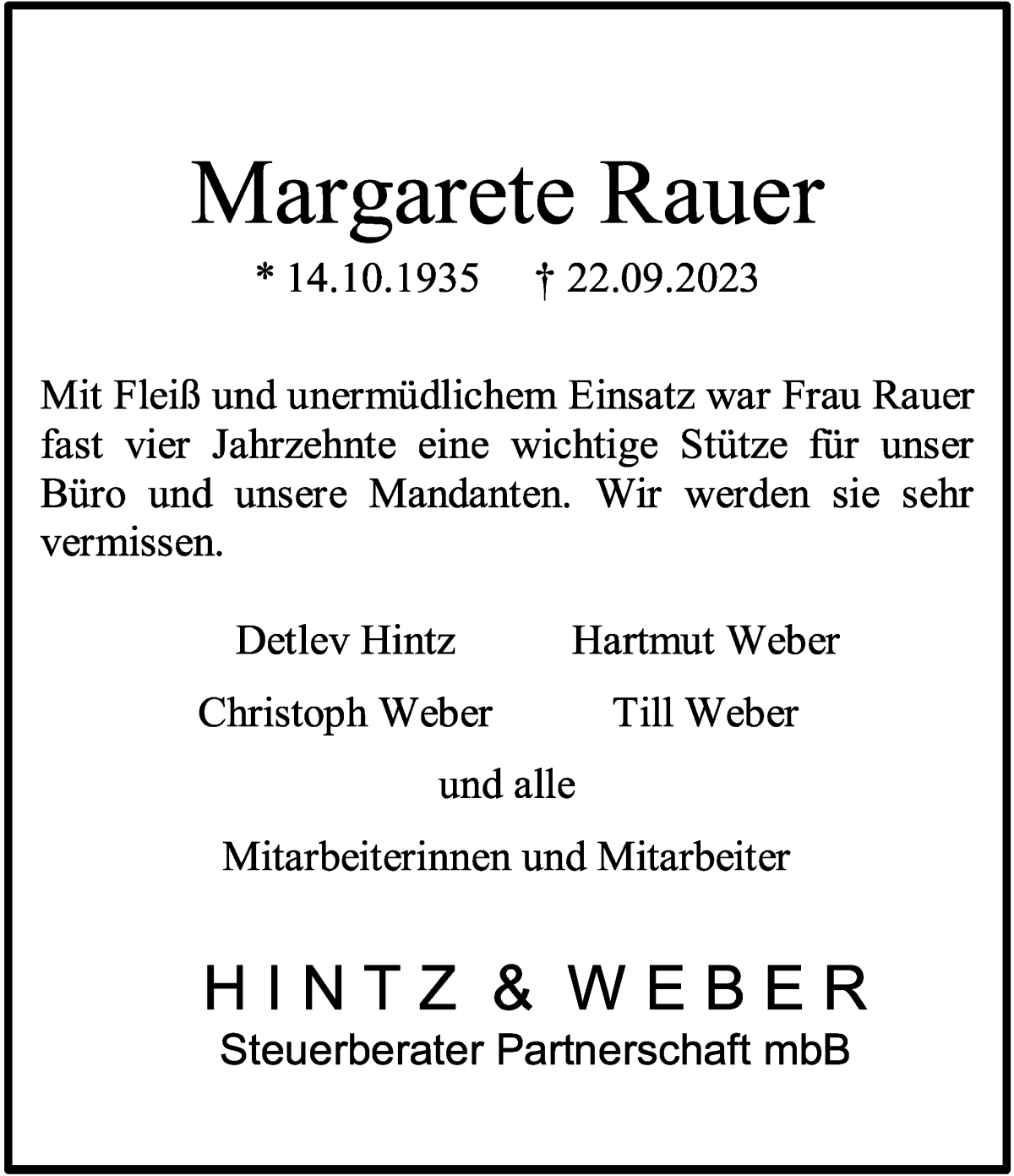 Traueranzeige von Margarete Rauer von WESER-KURIER