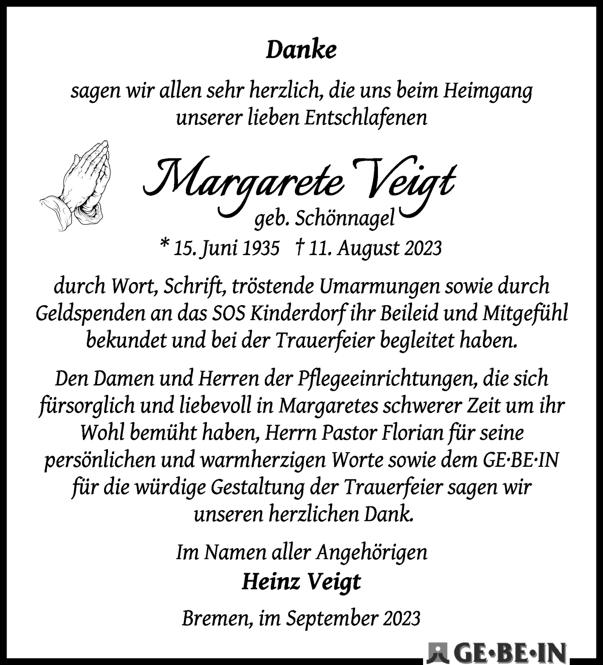 Traueranzeige von Margarete Veigt von WESER-KURIER